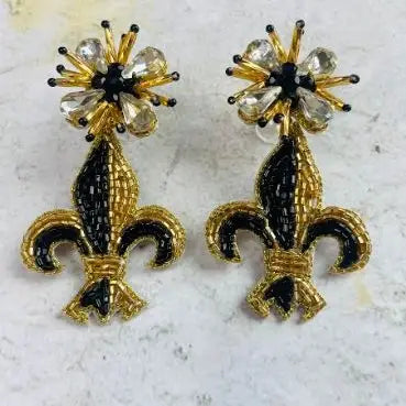 Earrings Black & Gold Fleur de Lis Beaded