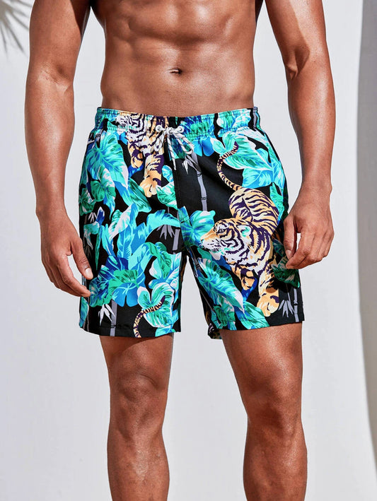 Men's Swim Trunks Black & Aqua Tropical Print Drawstring