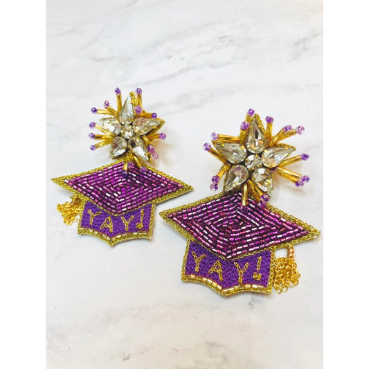 Earrings Graduation Hat Purple Gold Beaded