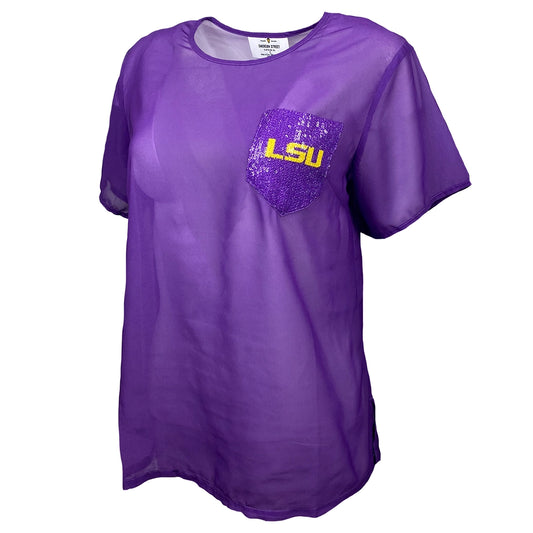 LSU Tigers Short Sleeve Sheer Sequin with Pockets