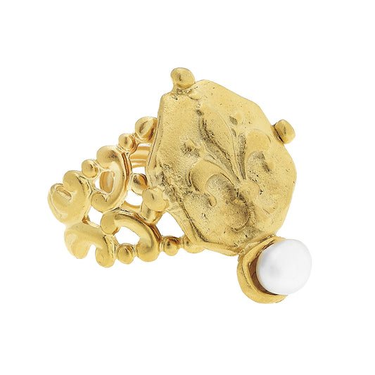 Ring Gold Fleur de Lis Hand Set Freshwater Pearl