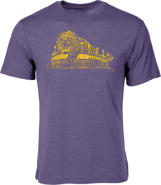 LSU Tigers T-Shirt Tri-blend  Mike the Tiger Over Stadium